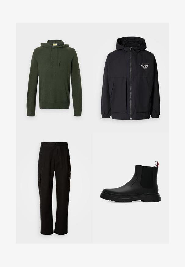 Veste à capuche noire avec zip frontal complet, poignets élastiques et poches avant doubles. Logo imprimé sur la poitrine gauche. Texture lisse.; Haut à capuche vert olive avec un cordon de serrage, poche avant, poignets et ourlet côtelés. Fabriqué dans un matériau doux avec une texture lisse.; Pantalons cargo noirs en coton avec une coupe décontractée, dotés de poches latérales, d'une fermeture à bouton et de jambes droites. Design simple sans motifs.; Bottines noires avec une finition lisse, des panneaux latéraux élastiques et une languette rouge contrastante, présentant une semelle en caoutchouc épaisse et un bout arrondi.