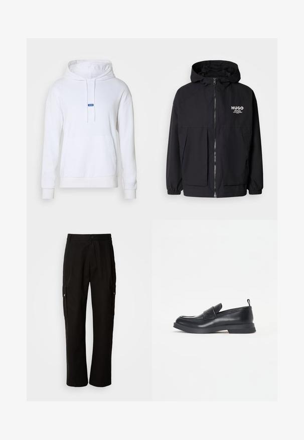 Giacca nera con cappuccio caratterizzata da una zip frontale completa, polsini elasticizzati e due tasche frontali. Logo stampato sul lato sinistro del petto. Texture liscia.; Felpa bianca con cappuccio realizzata in morbido cotone. Presenta una tasca frontale, lacci e un logo blu "HUGO" sul petto. Maniche lunghe.; Pantaloni cargo neri in cotone con vestibilità comoda, dotati di tasche laterali, chiusura a bottone e gambe dritti. Design semplice senza motivi.; Mocassini in pelle nera con punta arrotondata, dettaglio della fascia frontale e suola in gomma bassa. Presentano cuciture sottili e un'apertura sul tallone.