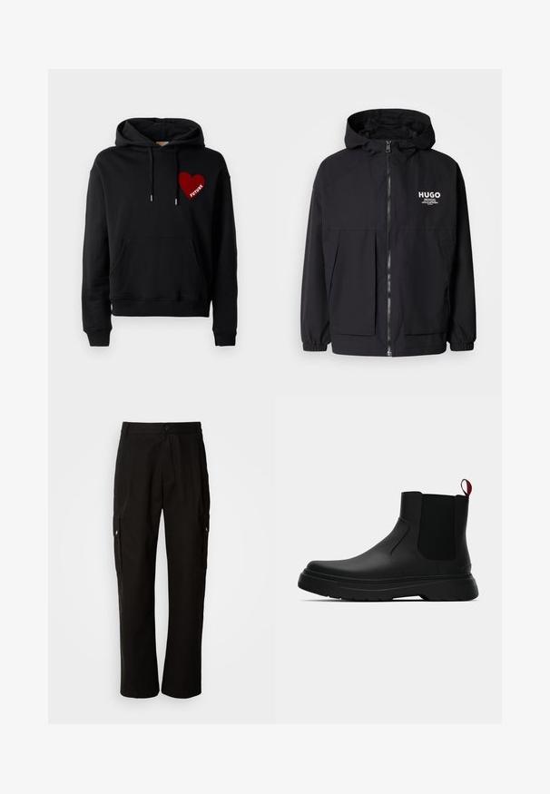 Mustat hupparitakki, jossa on täysipituinen vetoketju, joustavat hihansuut ja kaksinkertaiset etupussit. Vasemmassa rinnassa painettu logo. Sileä tekstuuri.; Mustat hupparit, joissa on etutasku, narut ja punainen sydängrafiikka, jossa lukee "TULEVAISUUS" valkoisilla kirjaimilla. Pehmeä puuvillamateriaali.; Mustat cargo-housut puuvillasta, joissa on rento istuvuus, sivutaskut, nappikiinnitys ja suorat lahkeet. Yksinkertainen muotoilu ilman kuvioita.; Musta nilkkuri, jossa on sileä pinta, elastiset sivupaneelit ja erottuva punainen vetonauha, paksu kumipohja ja pyöristetty varvas.