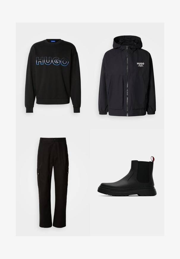 Must tumes jakk, millel on täispikktõmblukk, elastsed mansetid ja kaks esist pocketit. Prinditud logo vasakul rinnal. Sile tekstuur.; Must rohkem "HUGO" logo sinise gradienti tikandiga. Ümmargune kaelus, soonikkoes varrukate ja lähedega. Valmistatud pehmest kangast.; Mustad mustadeks rõivasteks mõeldud puuvillased püksid, millel on lõdva istuvuse disain, küljetaskud, nööbiga sulgemine ja sirged sääred. Lihtne disain ilma mustriteta.; Mustad musta värvi ankle boot, millel on sile viimistlus, elastsed külgpaneelid ja kontrastne punane tõmbetaba. Saapadel on paks kummist tald ja ümar varvas.