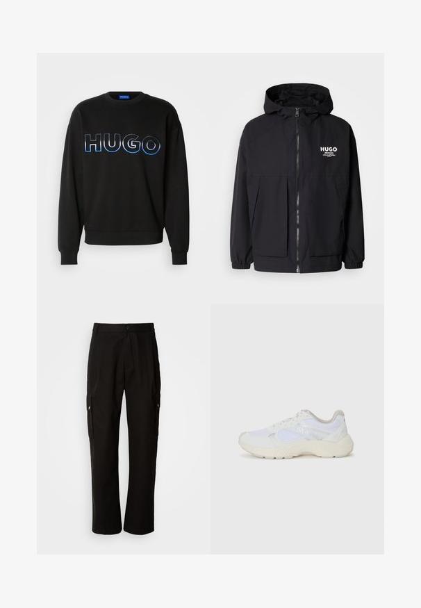 Jachetă neagră cu glugă, având un fermoar complet pe față, manșete elastice și două buzunare frontale. Logo imprimat pe partea stângă a pieptului. Textură netedă.; Hanorac negru cu un mare logo 8"HUGO" brodat in gradient de albastru. Guler rotund, manșete și tiv cu nervuri. Fabricat dintr-un material moale.; Pantaloni cargo negri din bumbac, cu o croială lejeră, având buzunare laterale, închidere cu nasture și picioare drepte. Design simplu, fără modele.; Adidași albi, din plasă și piele întoarsă, cu o talpă intermediară texturată, accente texturate și logo-ul "HUGO" pe lateral.