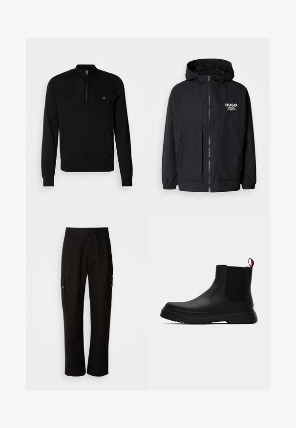 Svart hettegenser med full frontglidelås, elastiske mansjetter og doble frontlommer. Trykt logo på venstre bryst. Glatt tekstur.; Svart strikkegenser med halv glidelås i kragen, ribbestrikkede mansjetter, teksturerte skulderdetaljer, og en liten logo på brystet.; Svart cargobukse laget av bomull med avslappet passform, med sidelommer, knappeåpning og rette ben. Enkelt design uten mønstre.; Sorte ankelstøvler med en glat overflade, elastiske sidepaneler og en kontrastfyldt rød trækflik, med en tykk gummisål og rund tå.