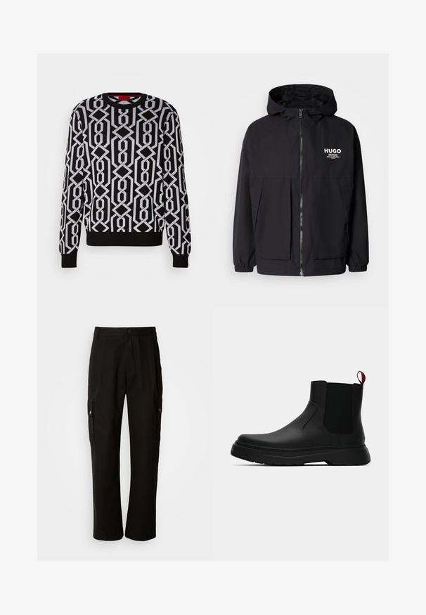 Svart hettegenser med full frontglidelås, elastiske mansjetter og doble frontlommer. Trykt logo på venstre bryst. Glatt tekstur.; Svart genser med et geometrisk hvitt mønster, rund halslinning, lange ermer, og ribbestrikkede mansjetter og kant. Laget av strikket materiale.; Svart cargobukse laget av bomull med avslappet passform, med sidelommer, knappeåpning og rette ben. Enkelt design uten mønstre.; Sorte ankelstøvler med en glat overflade, elastiske sidepaneler og en kontrastfyldt rød trækflik, med en tykk gummisål og rund tå.