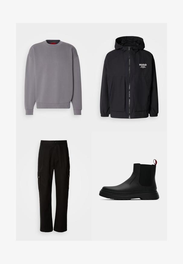 Chaqueta negra con capucha que presenta un cierre frontal completo, puños elásticos y dos bolsillos frontales. Logo impreso en el lado izquierdo del pecho. Textura suave.; Sudadera gris con cuello redondo, puños y dobladillo acanalados; presenta un sutil logo bordado en el pecho. Tejido suave y texturizado.; Pantalones cargo negros de algodón con un corte relajado, que cuentan con bolsillos laterales, cierre de botón y perneras rectas. Diseño simple sin patrones.; Botín negro con un acabado liso, paneles laterales elásticos y una lengüeta de tirón roja contrastante, que presenta una suela de goma gruesa y punta redondeada.