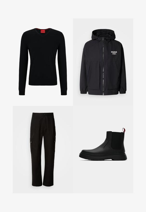 Black hooded jacket featuring a full front zip, elastic cuffs, and dual front pockets. Printed logo on the left chest. Smooth texture.; HUGO SAN VREDO - Jumper - black; Black cargo pants made of cotton with a relaxed fit, featuring side pockets, a button closure, and straight legs. Simple design without patterns.; Black ankle boot with a smooth finish, elastic side panels, and a contrasting red pull tab, featuring a thick rubber sole and rounded toe.