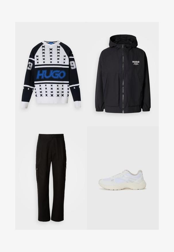 Čierna kapucňová bunda s plným predným zipsom, elastickými manžetami a dvojitými prednými vreckami. Tlačené logo na ľavej hrudi. Hladký povrch.; Čierno-biely pletený sveter s geometrickými vzormi, ktorý má výrazné modré logo a číselné akcenty (3 a 9) na rukávoch. S výstrihom do V.; Čierne cargo nohavice vyrobené z bavlny s voľným strihom, majú bočné vrecká, zapínanie na gombík a rovné nohavice. Jednoduchý dizajn bez vzorov.; Biele atletické topánky vyrobené z materiálov sieťoviny a semišu, s textúrovanou strednou podošvou, textúrovanými akcentmi a logom "HUGO" na boku.
