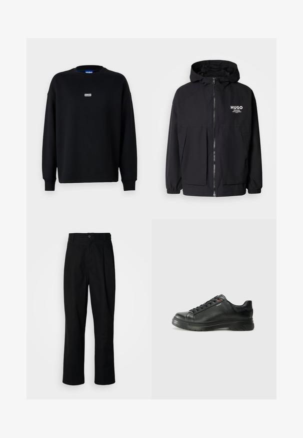 Fekete kapucnis dzseki, teljes elülső cipzárral, elasztikus mandzsettákkal és két elülső zsebbel. Nyomtatott logó a bal mellen. Simább textúra.; Fekete, pamut keverékből készült pulóver, hosszú ujjal, kerek nyakkivágással, és egy kis fehér logó címkével a mellrészen.; Fekete egyenes szabású nadrág gombos derékkal, övrutakkal és elülső gyűrődéssel, egy sima fehér háttér előtt.; Fekete bőr sportcipő, textúrált felsőrésszel, párnázott bokarésszel és piros logóval. Vastag gumitalppal rendelkezik, amely jellegzetes futási mintázattal bír.