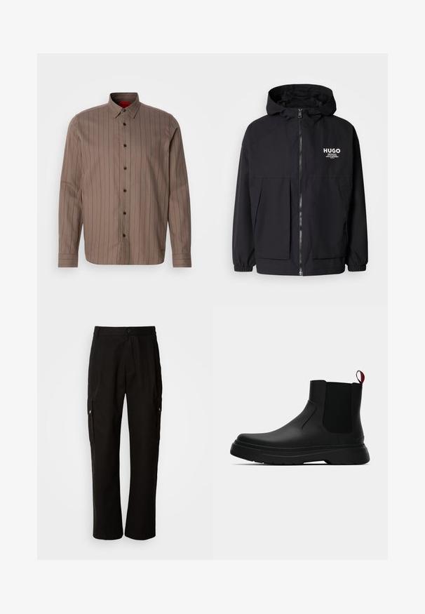 Czarna kurtka z kapturem z pełnym zamkiem z przodu, elastycznymi mankietami i podwójnymi kieszeniami z przodu. Drukowane logo na lewej piersi. Gładka faktura.; Brązowa koszula zapinana na guziki w pionowe ciemnoczerwone paski, z tkaniny bawełnianej, z ostrym kołnierzykiem, długimi rękawami i czarnymi guzikami.; Czarne spodnie cargo wykonane z bawełny, o luźnym kroju, z bocznymi kieszeniami, z zapięciem na guzik i prostymi nogawkami. Prosty design bez wzorów.; Czarny botek za kostkę o gładkim wykończeniu, z elastycznymi bocznymi panelami i kontrastującą czerwoną pętelką, z grubą gumową podeszwą i zaokrąglonym noskiem.