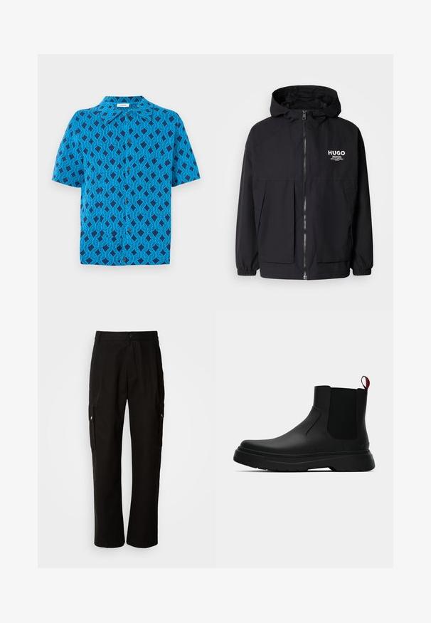 Svart hettegenser med full frontglidelås, elastiske mansjetter og doble frontlommer. Trykt logo på venstre bryst. Glatt tekstur.; Kortermet skjorte i blått stoff med et geometrisk mønster av sammenflettede linjer, med kragehals og frontknapplukking.; Svart cargobukse laget av bomull med avslappet passform, med sidelommer, knappeåpning og rette ben. Enkelt design uten mønstre.; Sorte ankelstøvler med en glat overflade, elastiske sidepaneler og en kontrastfyldt rød trækflik, med en tykk gummisål og rund tå.