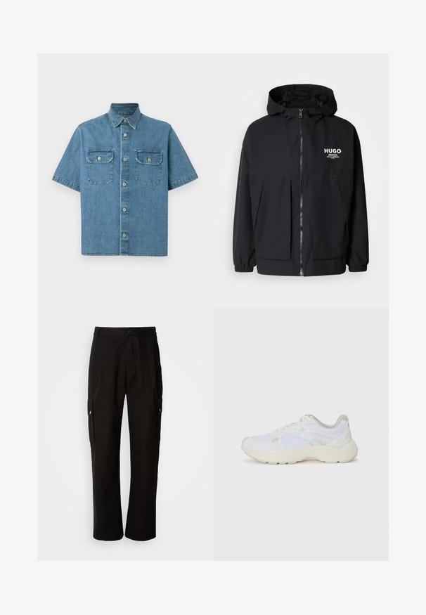 Must tumes jakk, millel on täispikktõmblukk, elastsed mansetid ja kaks esist pocketit. Prinditud logo vasakul rinnal. Sile tekstuur.; Lühikeste varrukatega teksapait, helesinine, millel on kaks rinnataskut nuppude sulgemisega, terava krae ja eesmine nuppude rida.; Mustad mustadeks rõivasteks mõeldud puuvillased püksid, millel on lõdva istuvuse disain, küljetaskud, nööbiga sulgemine ja sirged sääred. Lihtne disain ilma mustriteta.; Valged sportlikud jalanõud, mis on valmistatud võrkkangast ja seemisnahast, sisaldavad tekstureeritud vahetald, tekstureeritud aktsentide ning küljes oleva "HUGO" logo.