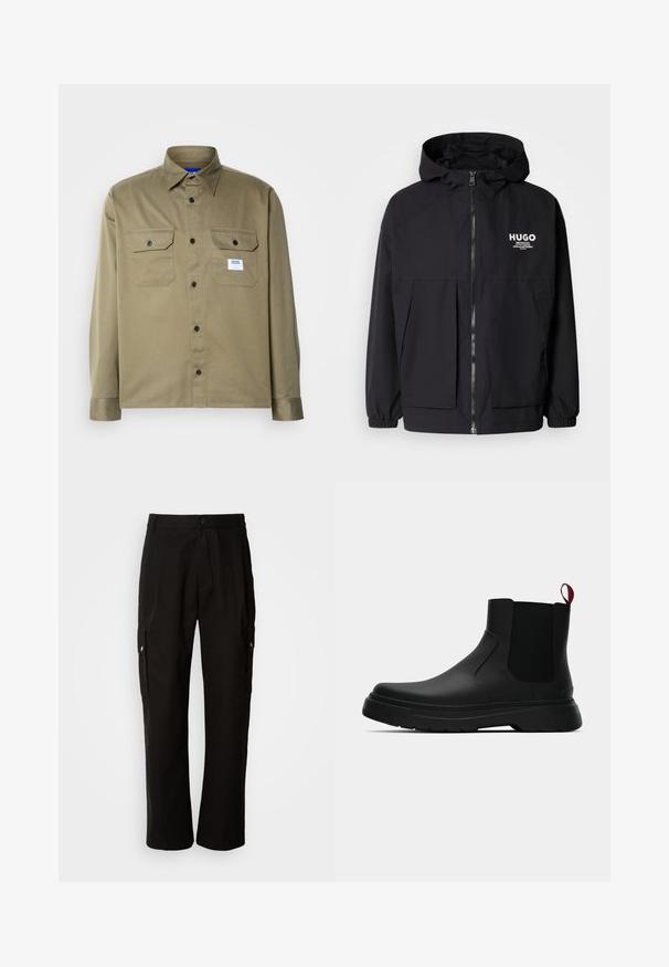Čierna kapucňová bunda s plným predným zipsom, elastickými manžetami a dvojitými prednými vreckami. Tlačené logo na ľavej hrudi. Hladký povrch.; Hnedo-zelená košeľa na gombíky vyrobená z hladkej tkaniny, s dvoma vreckami na prsiach, čiernymi gombíkmi a modro-bielou značkovou nálepkou.; Čierne cargo nohavice vyrobené z bavlny s voľným strihom, majú bočné vrecká, zapínanie na gombík a rovné nohavice. Jednoduchý dizajn bez vzorov.; Čierne členkové topánky s hladkým povrchom, elastickými bočnými panelmi a kontrastným červeným poutkom, vybavené hrubou gumovou podrážkou a zaoblenou špičkou.