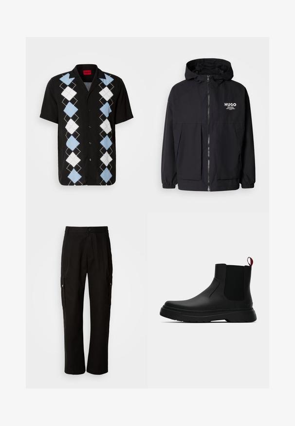 Juodas gobtuvas striukė su pilnu priekiniu užtrauktuku, elastinėmis rankovėmis ir dviem priekinėmis kišenėmis. Spausdintas logo ant kairės krūtinės. Lygus tekstūruotas paviršius.; Trumpas juodas marškinėliai su mėlyna ir balta argyle raštu. Pagaminti iš lygios medžiagos, turi sagų uždarymą priekyje ir klasikinį apykaklę.; Juodos krovinių kelnės, pagamintos iš medvilnės, laisvo kirpimo, su šoninėmis kišenėmis, mygtuko uždarymu ir tiesiomis kojomis. Paprastas dizainas, be raštų.; Juodas kulkšninis batas su lygiu paviršiumi, elastiniais šonų intarpais ir kontrastingu raudonu kilimėliu, turintis storą guminį pado ir apvalią nosį.