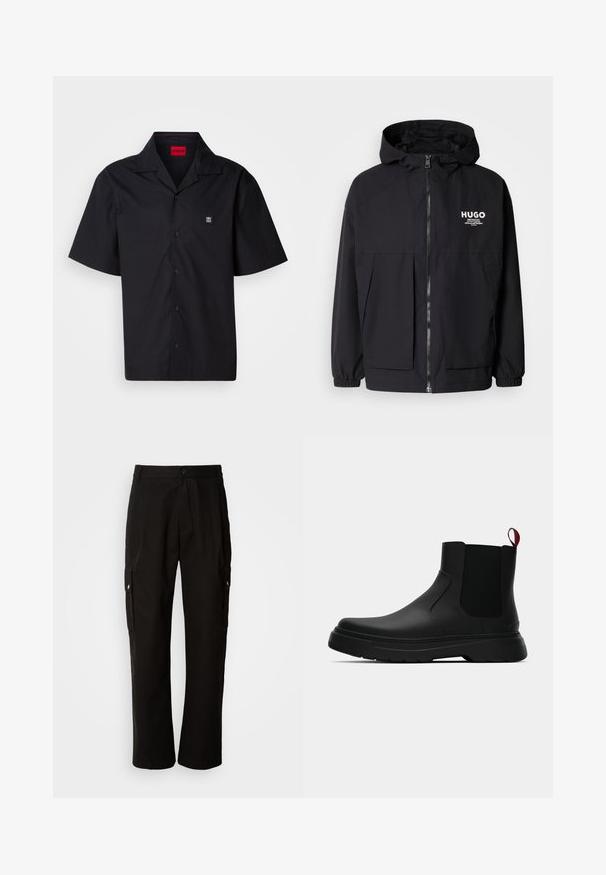 Melnā kapuce jaka ar pilnu priekšējo rāvējslēdzēju, elastīgām piedurknēm un divām priekšējām kabatām. Izdrukāts logo kreisajā krūtī. Gluda tekstūra.; Melna kokvilnas krekls ar īsām piedurknēm. Ar norādītu apkakli, priekšējo pogu aizdari un mazu logotipu kreisajā krūtī. Gluda tekstūra.; Melnas kokvilnas kravas bikses ar brīvu piegriezumu, ar sānu kabatām, pogu aizdari un taisnām kājām. Vienkāršs dizains bez rakstiem.; Melnas potītes ar gludu apdari, elastīgiem sānu paneļiem un kontrastējošu sarkano cilpu, aprīkotas ar biezu gumijas zoli un noapaļotu purngalu.