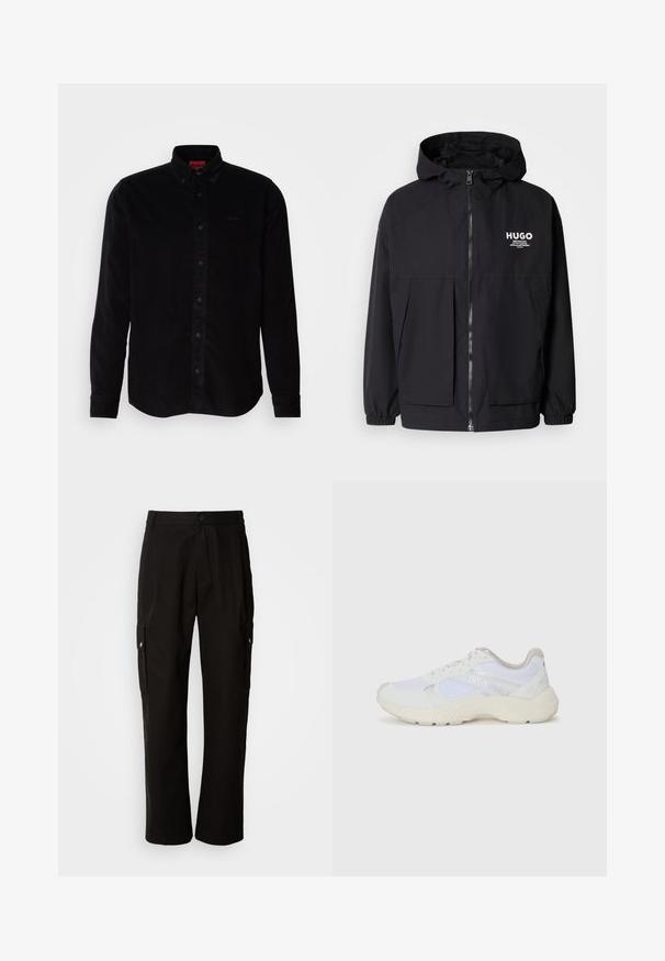 Zwarte hoodie-jack met een volledige rits aan de voorkant, elastische manchetten en twee voorzakken. Gedrukt logo op de linkerborst. Glad textuur.; Zwarte corduroy overhemd met lange mouwen, button-down kraag en een subtiele geborduurde logo op de borst. Classic fit met een gestructureerd oppervlak.; Zwarte cargobroek van katoen met een relaxte pasvorm, voorzien van zijzakken, een knoopsluiting en rechte pijpen. Eenvoudig ontwerp zonder patronen.; Witte sportief schoenen van mesh en suede, met een gestructureerde tussenzool, gestructureerde accenten en het "HUGO" logo aan de zijkant.