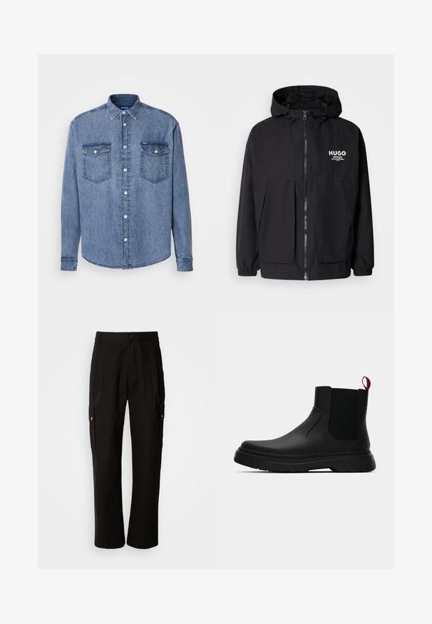 Chaqueta negra con capucha que presenta un cierre frontal completo, puños elásticos y dos bolsillos frontales. Logo impreso en el lado izquierdo del pecho. Textura suave.; Camisa de denim en azul claro con cierre de botones en el frente, dos bolsillos en el pecho y un collar clásico. Presenta detalles de costura y una etiqueta de logo.; Pantalones cargo negros de algodón con un corte relajado, que cuentan con bolsillos laterales, cierre de botón y perneras rectas. Diseño simple sin patrones.; Botín negro con un acabado liso, paneles laterales elásticos y una lengüeta de tirón roja contrastante, que presenta una suela de goma gruesa y punta redondeada.