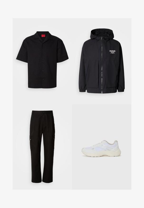 Čierna kapucňová bunda s plným predným zipsom, elastickými manžetami a dvojitými prednými vreckami. Tlačené logo na ľavej hrudi. Hladký povrch.; Krátky rukáv čierna košeľa na gombíky s textúrovaným vzorom, špicatý golier a značkovú etiketu v červenej farbe, s viditeľnými gombíkmi pozdĺž zapínania.; Čierne cargo nohavice vyrobené z bavlny s voľným strihom, majú bočné vrecká, zapínanie na gombík a rovné nohavice. Jednoduchý dizajn bez vzorov.; Biele atletické topánky vyrobené z materiálov sieťoviny a semišu, s textúrovanou strednou podošvou, textúrovanými akcentmi a logom "HUGO" na boku.