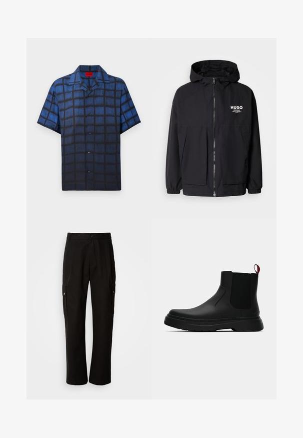 Zwarte hoodie-jack met een volledige rits aan de voorkant, elastische manchetten en twee voorzakken. Gedrukt logo op de linkerborst. Glad textuur.; Heren overhemd met korte mouwen, knoopsluiting en een blauw en zwart textuurvensterpaneel patroon, met puntkraag.; Zwarte cargobroek van katoen met een relaxte pasvorm, voorzien van zijzakken, een knoopsluiting en rechte pijpen. Eenvoudig ontwerp zonder patronen.; Zwarte enkelboot met een gladde afwerking, elastische zijpanelen en een contrasterende rode treklus, met een dikke rubberen zool en een afgeronde teen.
