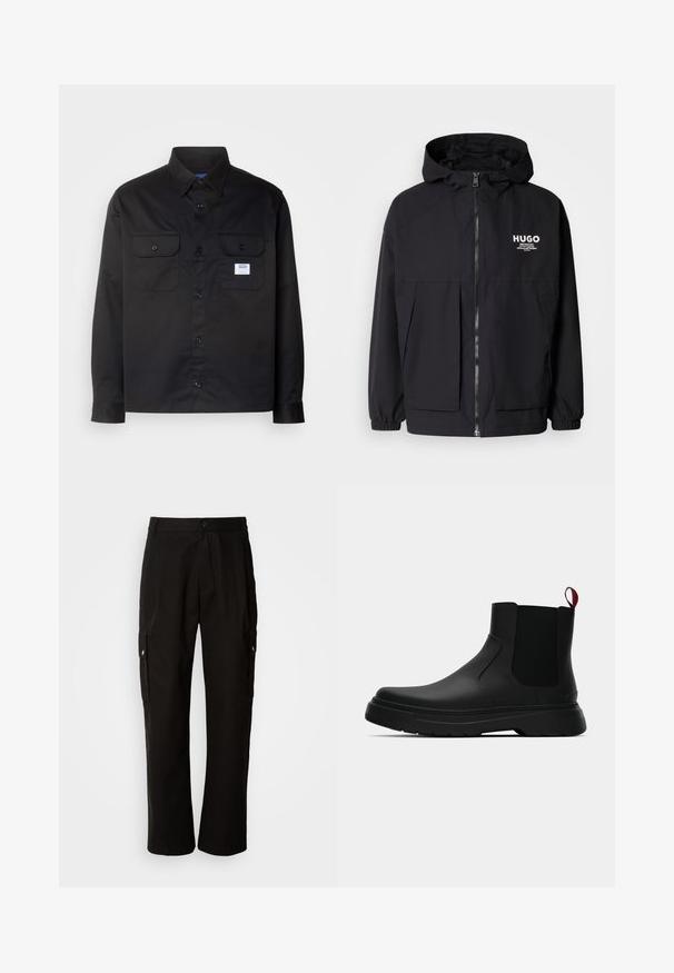 Črna kapuca jakna z full front zadrgo, elastičnimi manšetami in dvema sprednjima žepoma. Natisnjena logo na levi prsni strani. Gladka tekstura.; Črna majica z dolgimi rokavi iz bombaža. Ima obliko z gumbom, dva žepa na prsih in majhno oznako logotipa na levem žepu.; Črne cargo hlače iz bombaža z sproščenim krojem, opremljene s stranskimi žepi, gumbom za zapiranje in ravnimi nogami. Preprost dizajn brez vzorcev.; Črne gležnjarje z gladkim zaključkom, elastičnimi stranskimi paneli in kontrastnim rdečim izvlečnim trakom, ki vključujejo debel gumijast podplat in zaobljen nos.