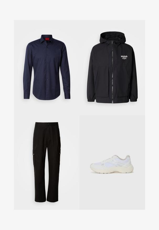 Jachetă neagră cu glugă, având un fermoar complet pe față, manșete elastice și două buzunare frontale. Logo imprimat pe partea stângă a pieptului. Textură netedă.; Cămașă albastru marin cu mânecă lungă, cu un model discret de herringbone, guler cu butoni și butoane negre. Material din amestec de bumbac cu textură netedă.; Pantaloni cargo negri din bumbac, cu o croială lejeră, având buzunare laterale, închidere cu nasture și picioare drepte. Design simplu, fără modele.; Adidași albi, din plasă și piele întoarsă, cu o talpă intermediară texturată, accente texturate și logo-ul "HUGO" pe lateral.