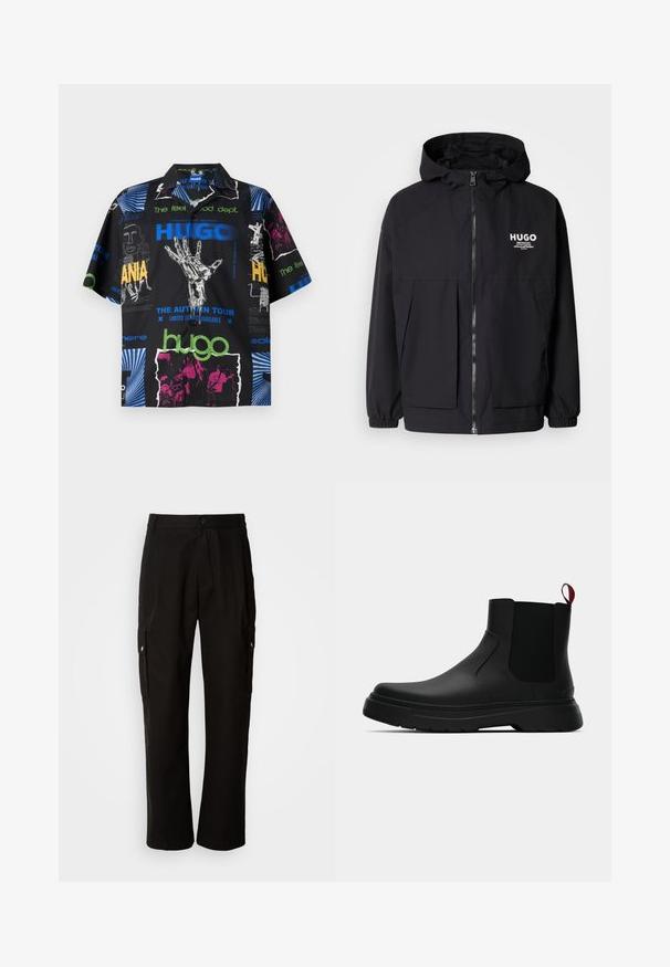 Zwarte hoodie-jack met een volledige rits aan de voorkant, elastische manchetten en twee voorzakken. Gedrukt logo op de linkerborst. Glad textuur.; Korte mouwen shirt met een zwarte stof en een mix van grafische prints in blauw, groen, roze en wit, die verschillende teksten en ontwerpen weergeven.; Zwarte cargobroek van katoen met een relaxte pasvorm, voorzien van zijzakken, een knoopsluiting en rechte pijpen. Eenvoudig ontwerp zonder patronen.; Zwarte enkelboot met een gladde afwerking, elastische zijpanelen en een contrasterende rode treklus, met een dikke rubberen zool en een afgeronde teen.