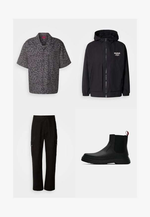 Giacca nera con cappuccio caratterizzata da una zip frontale completa, polsini elasticizzati e due tasche frontali. Logo stampato sul lato sinistro del petto. Texture liscia.; Camicia a maniche corte in tessuto grigio scuro con un motivo ripetitivo della parola "Hugo" in diverse dimensioni e tonalità. Chiusura frontale con bottoni.; Pantaloni cargo neri in cotone con vestibilità comoda, dotati di tasche laterali, chiusura a bottone e gambe dritti. Design semplice senza motivi.; Stivale alla caviglia nero con finitura liscia, pannelli laterali elastici e un tab di presa rosso a contrasto, dotato di una suola in gomma spessa e punta arrotondata.