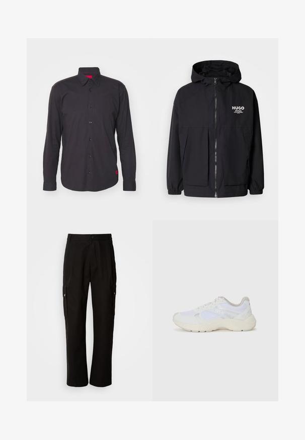 Svart hettegenser med full frontglidelås, elastiske mansjetter og doble frontlommer. Trykt logo på venstre bryst. Glatt tekstur.; Svart langermet skjorte laget av bomull, med spiss krage, knappestolpe og rød aksent inni kragen. Teksturert stoff uten mønstre.; Svart cargobukse laget av bomull med avslappet passform, med sidelommer, knappeåpning og rette ben. Enkelt design uten mønstre.; Hvit idrettssko laget av mesh og skinn, med en teksturert mellomsåle, teksturerte detaljer og "HUGO"-logo på siden.