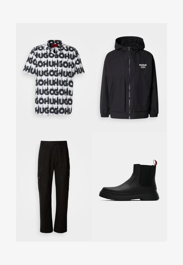 Čierna kapucňová bunda s plným predným zipsom, elastickými manžetami a dvojitými prednými vreckami. Tlačené logo na ľavej hrudi. Hladký povrch.; Košeľa s krátkym rukávom a gombíkmi, ktorá sa vyznačuje čierno-bielym opakujúcim sa vzorom "HUGO", s vreckom na ľavej strane hrude a golierom typu camp.; Čierne cargo nohavice vyrobené z bavlny s voľným strihom, majú bočné vrecká, zapínanie na gombík a rovné nohavice. Jednoduchý dizajn bez vzorov.; Čierne členkové topánky s hladkým povrchom, elastickými bočnými panelmi a kontrastným červeným poutkom, vybavené hrubou gumovou podrážkou a zaoblenou špičkou.