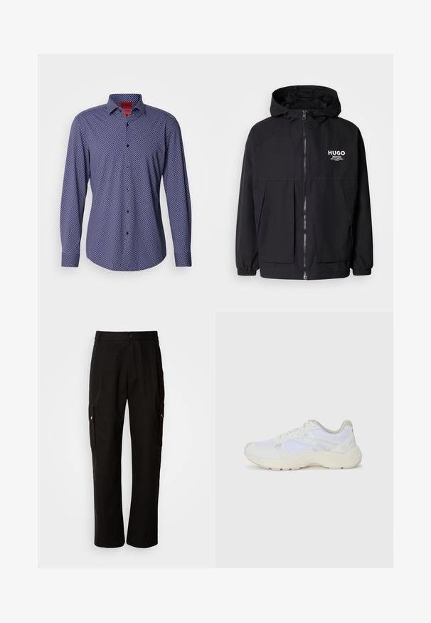 Juodas gobtuvas striukė su pilnu priekiniu užtrauktuku, elastinėmis rankovėmis ir dviem priekinėmis kišenėmis. Spausdintas logo ant kairės krūtinės. Lygus tekstūruotas paviršius.; Tamsiai mėlyna ilgomis rankovėmis marškiniai su baltais taškeliais, suknelių apykaklė, ir juodais mygtukais. Lygi medžiaga su įprastos kirpimo dizainu.; Juodos krovinių kelnės, pagamintos iš medvilnės, laisvo kirpimo, su šoninėmis kišenėmis, mygtuko uždarymu ir tiesiomis kojomis. Paprastas dizainas, be raštų.; Balti sportiniai bateliai, pagaminti iš tinklinės medžiagos ir zomšos, su tekstūruotu viduriu, tekstūruotais akcentais ir „HUGO“ logotipu šone.