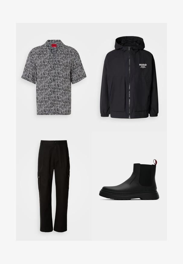 Črna kapuca jakna z full front zadrgo, elastičnimi manšetami in dvema sprednjima žepoma. Natisnjena logo na levi prsni strani. Gladka tekstura.; Srajca s kratkimi rokavi v črno-beli vzorčasti zasnovi s kamp ovratnikom in ohlapnim krojem. Ponaša se z geometrijskim vzorcem in rdečo oznako HUGO na ovratniku.; Črne cargo hlače iz bombaža z sproščenim krojem, opremljene s stranskimi žepi, gumbom za zapiranje in ravnimi nogami. Preprost dizajn brez vzorcev.; Črne gležnjarje z gladkim zaključkom, elastičnimi stranskimi paneli in kontrastnim rdečim izvlečnim trakom, ki vključujejo debel gumijast podplat in zaobljen nos.