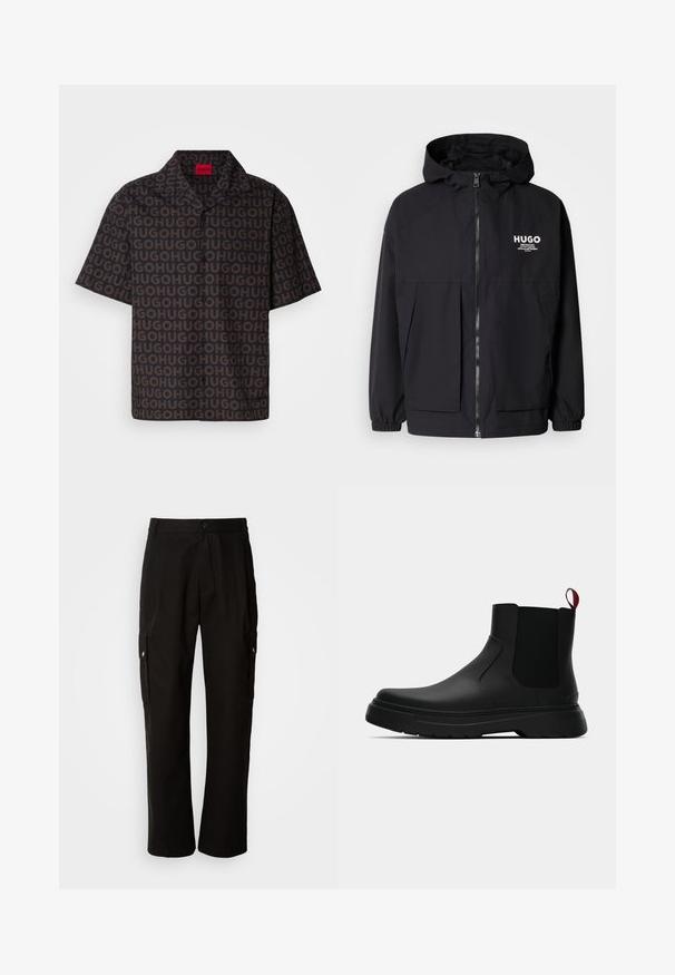 Juodas gobtuvas striukė su pilnu priekiniu užtrauktuku, elastinėmis rankovėmis ir dviem priekinėmis kišenėmis. Spausdintas logo ant kairės krūtinės. Lygus tekstūruotas paviršius.; Trumpas rankovės švarkelis iš tamsios medžiagos su pasikartojančiu "HUGO" raštu, su apykakle, juodais mygtukais ir raudonu prekės ženklo etikete vidinėje kaklo pusėje.; Juodos krovinių kelnės, pagamintos iš medvilnės, laisvo kirpimo, su šoninėmis kišenėmis, mygtuko uždarymu ir tiesiomis kojomis. Paprastas dizainas, be raštų.; Juodas kulkšninis batas su lygiu paviršiumi, elastiniais šonų intarpais ir kontrastingu raudonu kilimėliu, turintis storą guminį pado ir apvalią nosį.