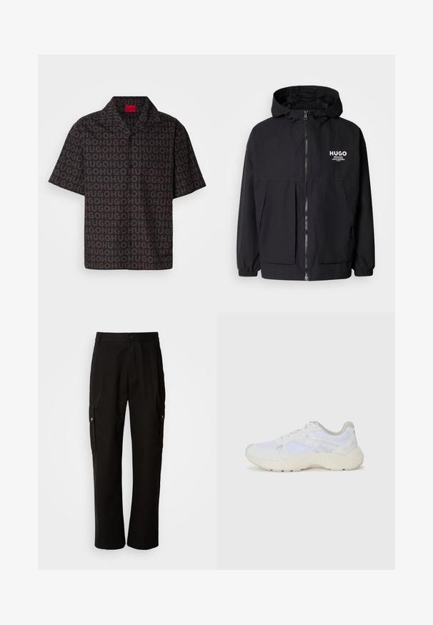 Giacca nera con cappuccio caratterizzata da una zip frontale completa, polsini elasticizzati e due tasche frontali. Logo stampato sul lato sinistro del petto. Texture liscia.; Camicia a maniche corte in tessuto scuro con un motivo ripetuto "HUGO", con colletto, dotata di bottoni neri e di un'etichetta rossa del marchio all'interno del colletto.; Pantaloni cargo neri in cotone con vestibilità comoda, dotati di tasche laterali, chiusura a bottone e gambe dritti. Design semplice senza motivi.; Scarpe da ginnastica bianche in mesh e suede, con una suola intermedia testurizzata, dettagli testurizzati e il logo "HUGO" sul lato.