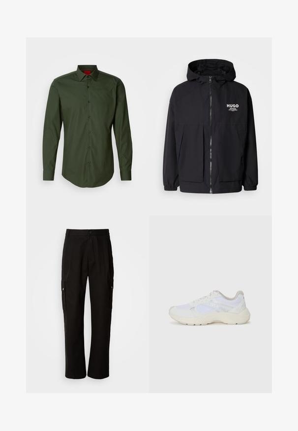 Schwarze Kapuzenjacke mit einem durchgehenden Reißverschluss an der Vorderseite, elastischen Bündchen und zwei vorderen Taschen. Bedrucktes Logo auf der linken Brust. Glatte Textur.; Dunkelgrünes Langarmhemd aus glattem Baumwollstoff mit einem klassischen Kragen, schwarzen Knöpfen und einem abgerundeten Saum. Rotes Markenlogo am Kragen.; Schwarze Cargo-Hosen aus Baumwolle mit lockerem Schnitt, seitlichen Taschen, Knopfverschluss und geradem Bein. Einfaches Design ohne Muster.; Weiße Sportschuhe aus Mesh und Wildleder, mit einer strukturierten Zwischensohle, strukturierten Akzenten und dem "HUGO"-Logo an der Seite.