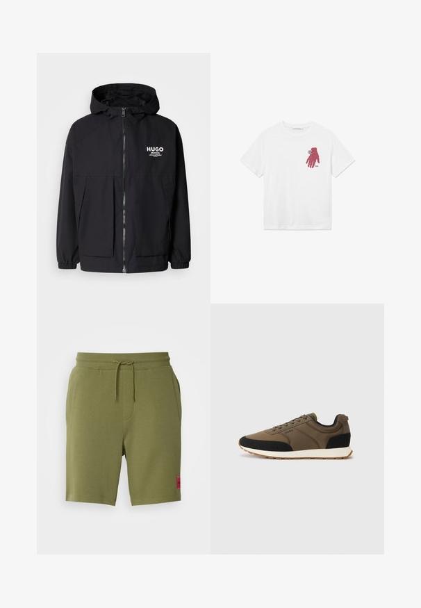 Mustat hupparitakki, jossa on täysipituinen vetoketju, joustavat hihansuut ja kaksinkertaiset etupussit. Vasemmassa rinnassa painettu logo. Sileä tekstuuri.; Valkoinen puuvillapaita, jossa on vasemmassa rinnassa vaaleanpunainen pikselöity käsi -grafiikka ja ranteen kohdalla musta-valkoinen ruutukuviota.; HUGO DIZ - Verryttelyhousut - open green; Miestenské tenisky kombinujúce olivovo zelené a čierne syntetické materiály, textúrované panely a bielu gumovú podrážku s protišmykovým vzorom.