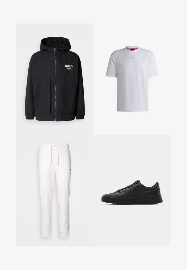 Zwarte hoodie-jack met een volledige rits aan de voorkant, elastische manchetten en twee voorzakken. Gedrukt logo op de linkerborst. Glad textuur.; Witte katoenen t-shirt met korte mouwen, ronde halslijn en een zwart "HUGO" logo op de borst. Gladde textuur, casual pasvorm, geen patronen.; Witte katoenen sweatpants met een elastische tailleband, een trekkoord en ribbelmanchetten. Heeft een klein zwart logo aan de zijkant.; Zwarte sneaker met een glad leren bovenwerk, ronde neus, platte veters, gewatteerde kraag en minimalistisch design. Rubberen zool met een subtiel profiel.