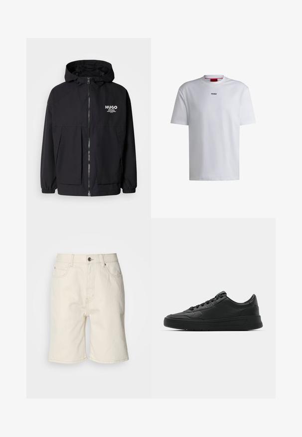 Black hooded jacket featuring a full front zip, elastic cuffs, and dual front pockets. Printed logo on the left chest. Smooth texture.; White cotton t-shirt with short sleeves, round neckline, and a black "HUGO" logo on the chest. Smooth texture, casual fit, no patterns.; Beige denim shorts featuring a straight cut, five pockets, and a front button closure. Slightly textured fabric with visible stitching.; Black sneaker with smooth leather upper, round toe, flat laces, cushioned collar, and minimalistic design. Rubber sole with subtle tread pattern.