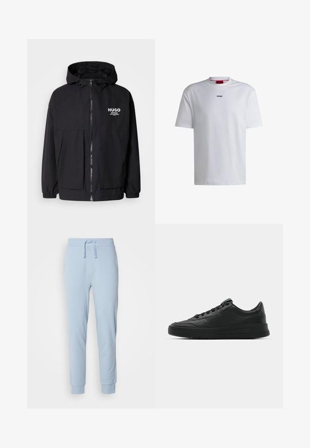 Melnā kapuce jaka ar pilnu priekšējo rāvējslēdzēju, elastīgām piedurknēm un divām priekšējām kabatām. Izdrukāts logo kreisajā krūtī. Gluda tekstūra.; Balta kokvilnas T-kreklu ar īsām piedurknēm, apaļu kakla izmēru un melnu "HUGO" logo uz krūtīm. Gluda tekstūra, ikdienišķs piegriezums, bez rakstiem.; Gaiši zili sporta bikses, kas izgatavotas no mīkstas auduma, ar elastīgu jostasvietu un regulējamu auklu. Dizainu papildina piegriezti gali.; Melnās kedas ar gludu ādas augšpusi, apaļu purngalu, plakaniem šņorēm, mīkstinātu apkakli un minimālistisku dizainu. Gumijas zole ar smalku rakstu.