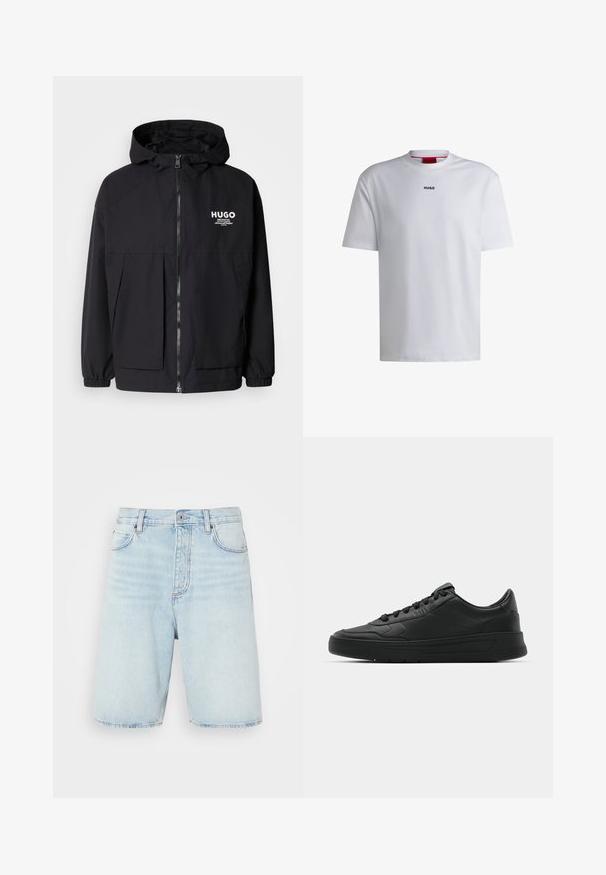 Juodas gobtuvas striukė su pilnu priekiniu užtrauktuku, elastinėmis rankovėmis ir dviem priekinėmis kišenėmis. Spausdintas logo ant kairės krūtinės. Lygus tekstūruotas paviršius.; Balta medvilninė t-shirt su trumpomis rankovėmis, apvaliu iškirpimu ir juodu "HUGO" logotipu krūtinėje. Lygus paviršius, laisvas kirpimas, be raštų.; Šviesiai mėlyni džinsiniai šortai su aukštu liemeniu, mygtukų užsegimu ir penkių kišenių stiliumi. Pasižymi subtiliu nusidėvėjimu ir tiesiomis kojomis.; Juodi sportiniai batai su lygia odine viršutine dalimi, apvaliu pirštu, plokščiomis raišteliais, pagaminta su paminkštinta apykakle ir minimalizmo dizainu. Guma padais su subtilia protektoriaus raštu.