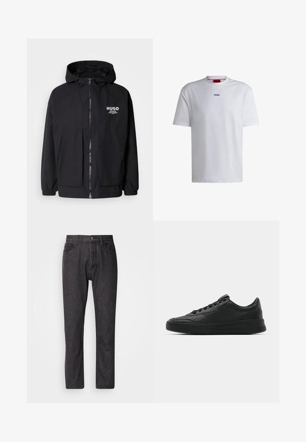 Mustat hupparitakki, jossa on täysipituinen vetoketju, joustavat hihansuut ja kaksinkertaiset etupussit. Vasemmassa rinnassa painettu logo. Sileä tekstuuri.; Valkoinen puuvillapaita lyhyillä hihoilla, pyöreällä kaula-aukolla ja mustalla "HUGO"-logolla rinnassa. Tasainen rakenne, rento istuvuus, ei kuoseja.; Musta farkkuhousut suoran lahkeen muotoilulla, viidellä taskulla ja tavallisella vyötäröllä. Ominaisuuksiin kuuluu kontrastivärinen ommel ja metallinen nappisulku.; Mustat lenkkitossut, joissa on sileä nahkapäällinen, pyöreä kärki, tasaiset nauhat, pehmustettu nilkka ja minimalistinen muotoilu. Kumia pohja, jossa on hillitty urakuvio.