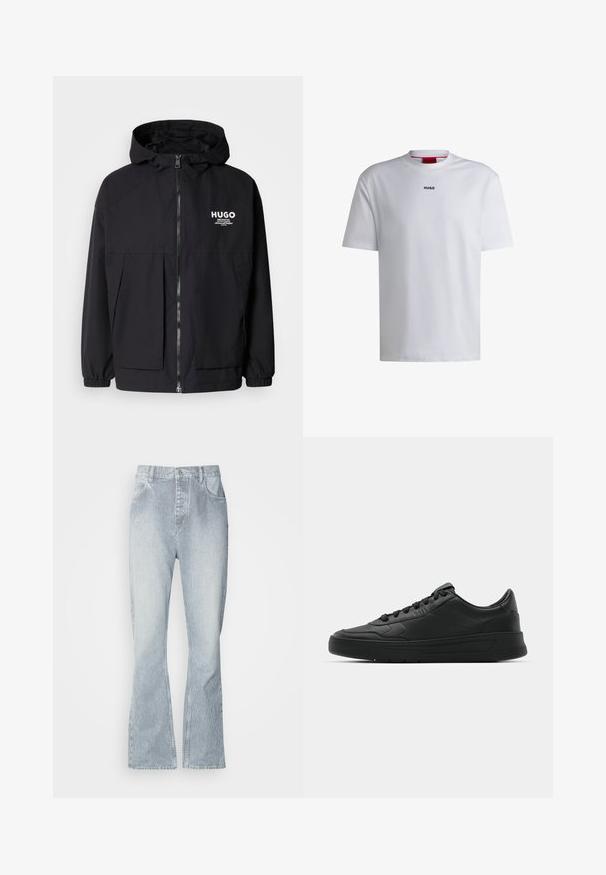Mustat hupparitakki, jossa on täysipituinen vetoketju, joustavat hihansuut ja kaksinkertaiset etupussit. Vasemmassa rinnassa painettu logo. Sileä tekstuuri.; Valkoinen puuvillapaita lyhyillä hihoilla, pyöreällä kaula-aukolla ja mustalla "HUGO"-logolla rinnassa. Tasainen rakenne, rento istuvuus, ei kuoseja.; Vaaleansiniset raidalliset farkut, joissa on leveät lahkeet, nappikiinnitys, etutaskut ja hienovarainen haalistus helmoissa.; Mustat lenkkitossut, joissa on sileä nahkapäällinen, pyöreä kärki, tasaiset nauhat, pehmustettu nilkka ja minimalistinen muotoilu. Kumia pohja, jossa on hillitty urakuvio.
