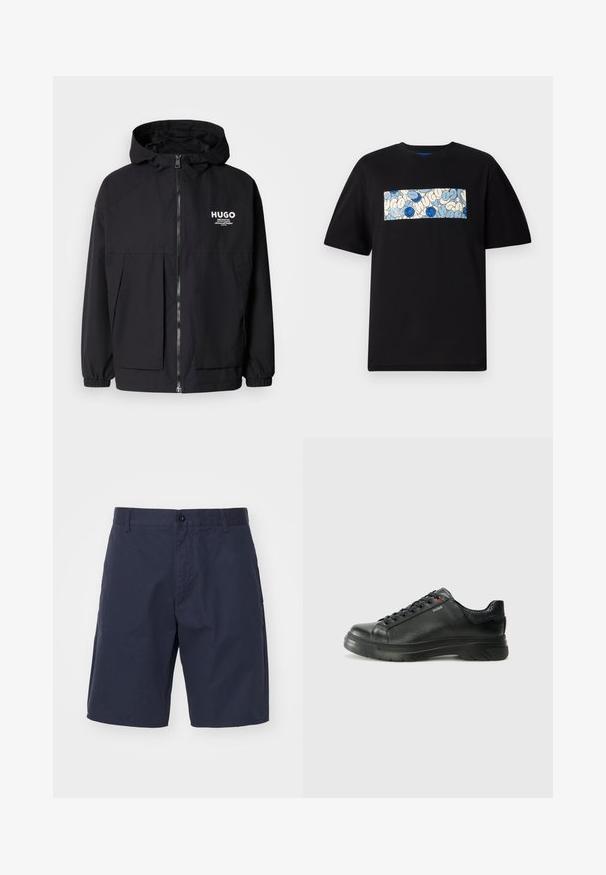 Mustat hupparitakki, jossa on täysipituinen vetoketju, joustavat hihansuut ja kaksinkertaiset etupussit. Vasemmassa rinnassa painettu logo. Sileä tekstuuri.; Mustat puuvillateepaidat, joissa on suorakaiteen muotoinen grafiikka sinisen ja kermaisen värin sävyissä, ympyräkuvioita ja doodleja. Suunniteltu rentoon istuvuuteen.; Tummansiniset shortsit, jotka on valmistettu kevyestä kankaasta, nappikiinnityksellä, sivutaskuilla, suoralinjaisella leikkauksella ja näkyvillä ompelutiedoilla.; Musta nahkakengät, joissa on teksturoidun pinnan, pehmustettu kaulus ja punainen logo. Kengissä on paksu kumipohja, jossa on selkeä uramalli.