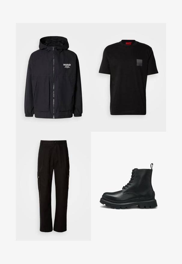 Black hooded jacket featuring a full front zip, elastic cuffs, and dual front pockets. Printed logo on the left chest. Smooth texture.; Black cotton T-shirt with a crew neck, featuring a textured black patch with logo on the left chest. Short sleeves and relaxed fit.; Black cargo pants made of cotton with a relaxed fit, featuring side pockets, a button closure, and straight legs. Simple design without patterns.; Black leather ankle boot with round toe, lace-up front, pull tab, and rugged rubber outsole. Smooth texture with minimal stitching details.