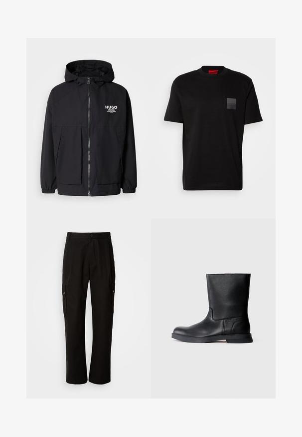 Crna kapuljača s punim prednjim zatvaračem, elastičnim rukavima i dvostrukim prednjim džepovima. Ispisani logo na lijevoj strani prsnog koša. Glatka tekstura.; Crna pamučna majica s okruglim izrezom, s teksturiranim crnim logotipom na lijevoj prednjoj strani. Kratki rukavi i opušteni kroj.; Crne cargo hlače od pamuka s opuštenim krojem, koje imaju bočne džepove, kopčanje na gumb i ravne nogavice. Jednostavan dizajn bez uzoraka.; Crna kožna čizma do gležnja s teksturiranim završetkom, okruglim vrhom i niskom gumiranom potplatom. Jednostavan dizajn bez vidljivih metalnih dijelova ili ukrasa.