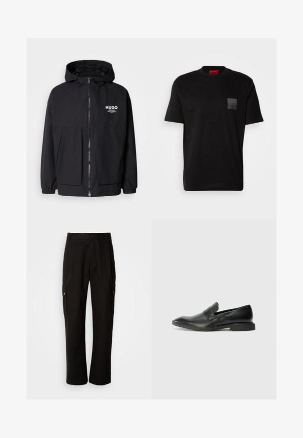 Zwarte hoodie-jack met een volledige rits aan de voorkant, elastische manchetten en twee voorzakken. Gedrukt logo op de linkerborst. Glad textuur.; Zwart katoenen T-shirt met een ronde hals, met een gestructureerde zwarte patch met logo op de linkerborst. Korte mouwen en een ontspannen pasvorm.; Zwarte cargobroek van katoen met een relaxte pasvorm, voorzien van zijzakken, een knoopsluiting en rechte pijpen. Eenvoudig ontwerp zonder patronen.; Zwarte leren instappers met een gladde textuur, spitse neus en een lage rechthoekige hak. Kenmerkt zich door een horizontale banddetail over de bovenkant.