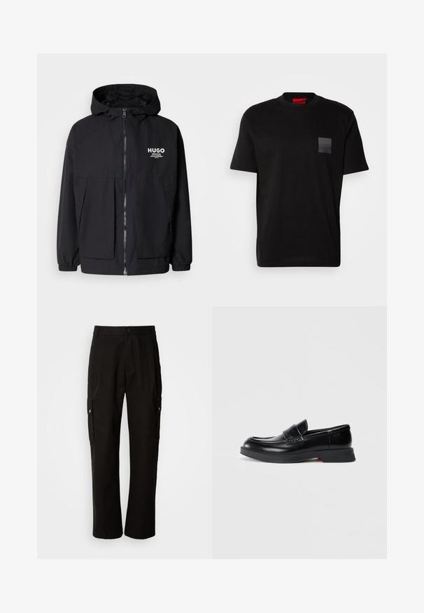 Zwarte hoodie-jack met een volledige rits aan de voorkant, elastische manchetten en twee voorzakken. Gedrukt logo op de linkerborst. Glad textuur.; Zwart katoenen T-shirt met een ronde hals, met een gestructureerde zwarte patch met logo op de linkerborst. Korte mouwen en een ontspannen pasvorm.; Zwarte cargobroek van katoen met een relaxte pasvorm, voorzien van zijzakken, een knoopsluiting en rechte pijpen. Eenvoudig ontwerp zonder patronen.; Zwarte leren loafers met een gladde afwerking, voorzien van een verhoogd voorpaneel en een contrasterende rode accent op de zool. Platte rubberen buitenzool.