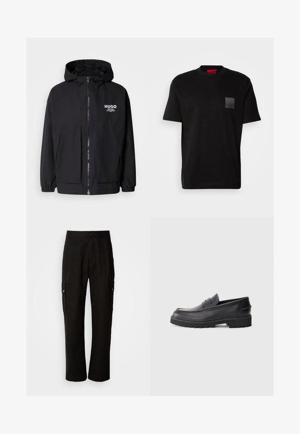 Schwarze Kapuzenjacke mit einem durchgehenden Reißverschluss an der Vorderseite, elastischen Bündchen und zwei vorderen Taschen. Bedrucktes Logo auf der linken Brust. Glatte Textur.; Schwarzes Baumwoll-T-Shirt mit Rundhalsausschnitt, versehen mit einem strukturierten schwarzen Patch mit Logo auf der linken Brust. Kurze Ärmel und entspannter Schnitt.; Schwarze Cargo-Hosen aus Baumwolle mit lockerem Schnitt, seitlichen Taschen, Knopfverschluss und geradem Bein. Einfaches Design ohne Muster.; Schwarze Leder-Pantoletten mit einem gesteppten Blatt, robustem Gummi-Sohle und minimalistischem Design. Verfügt über eine glatte Textur und einen unkomplizierten Einstieg.