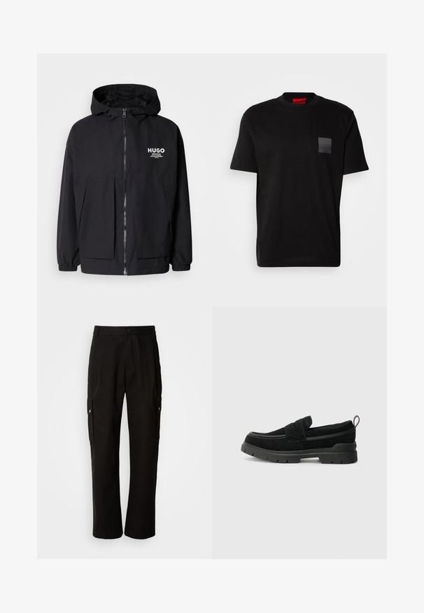 Must tumes jakk, millel on täispikktõmblukk, elastsed mansetid ja kaks esist pocketit. Prinditud logo vasakul rinnal. Sile tekstuur.; Must musta T-särk, millel on ümmargune kaelus, vasakul rinnal on tekstuuriga must päts logoga. Lühikesed varrukad ja lõdva lõikega.; Mustad mustadeks rõivasteks mõeldud puuvillased püksid, millel on lõdva istuvuse disain, küljetaskud, nööbiga sulgemine ja sirged sääred. Lihtne disain ilma mustriteta.; Mustad sametist mustad libisevad jalanõud paksu musta kummitaldiga, millel on ülemine rihm ja kontrastsed õmblused.