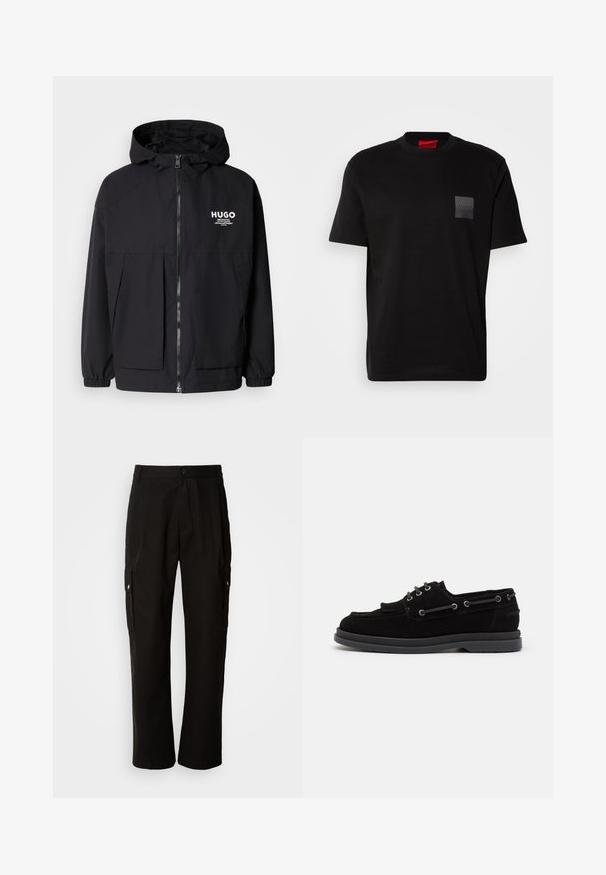 Svart hettegenser med full frontglidelås, elastiske mansjetter og doble frontlommer. Trykt logo på venstre bryst. Glatt tekstur.; Svart bomull T-skjorte med rund hals, med et teksturert svart merke med logo på venstre bryst. Korte ermer og avslappet passform.; Svart cargobukse laget av bomull med avslappet passform, med sidelommer, knappeåpning og rette ben. Enkelt design uten mønstre.; Sorte semskede båtsko med rund tå, snøring foran, metalløye og en grå gummisåle, med en strukturert overflate.