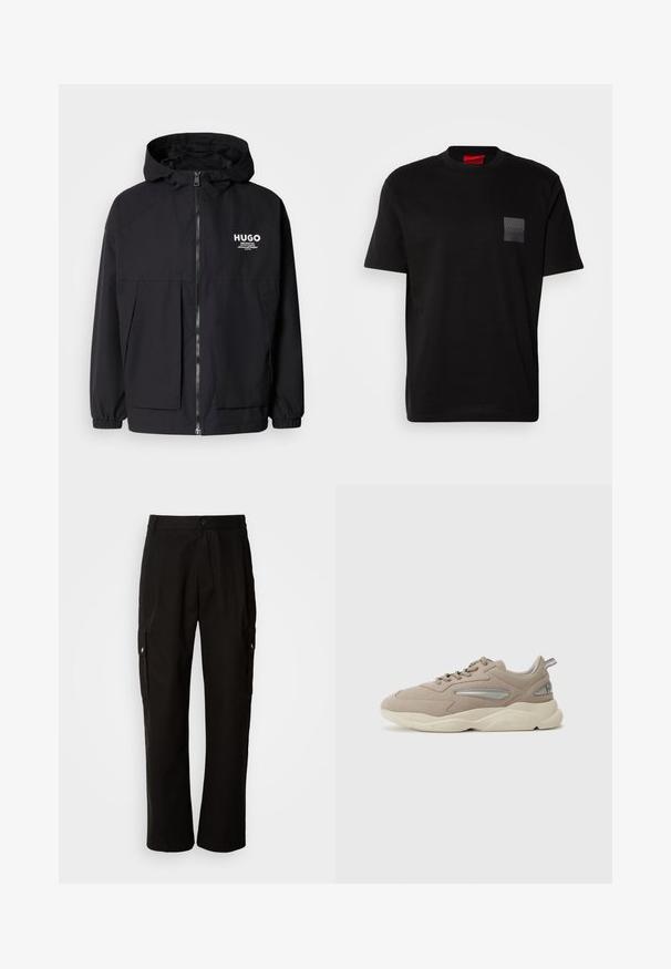 Črna kapuca jakna z full front zadrgo, elastičnimi manšetami in dvema sprednjima žepoma. Natisnjena logo na levi prsni strani. Gladka tekstura.; Črna bombažna majica s kratkimi rokavi in okroglim ovratnikom, z označeno teksturirano črno nalepko na levem prsnem delu. Ohlapen kroj.; Črne cargo hlače iz bombaža z sproščenim krojem, opremljene s stranskimi žepi, gumbom za zapiranje in ravnimi nogami. Preprost dizajn brez vzorcev.; Bež semiš superge z teksturirano površino, okrašene s srebrnimi detajli, debele kremne podplate in oblazinjeni ovratnik. Šnure tečejo skozi luknje na vrhu.