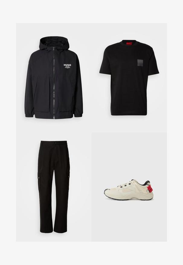 Must tumes jakk, millel on täispikktõmblukk, elastsed mansetid ja kaks esist pocketit. Prinditud logo vasakul rinnal. Sile tekstuur.; Must musta T-särk, millel on ümmargune kaelus, vasakul rinnal on tekstuuriga must päts logoga. Lühikesed varrukad ja lõdva lõikega.; Mustad mustadeks rõivasteks mõeldud puuvillased püksid, millel on lõdva istuvuse disain, küljetaskud, nööbiga sulgemine ja sirged sääred. Lihtne disain ilma mustriteta.; Beige tennisjalanikud, millel on võrkpaneelid ja nahk, must kummitald, sidumisega disain ja punane aktsent kandadel, millel on "Hugo" bränding.