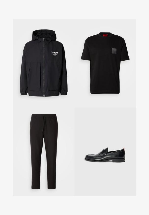 Veste à capuche noire avec zip frontal complet, poignets élastiques et poches avant doubles. Logo imprimé sur la poitrine gauche. Texture lisse.; T-shirt en coton noir à col rond, avec un patch texturé noir portant un logo sur la poitrine gauche. Manches courtes et coupe décontractée.; Pantalons de jogging noirs en tissu lisse. Dotés d'une taille élastique avec cordon de serrage, jambes fuselées, et sans poches visibles. Design simple.; Mocassins en cuir noir au design élégant, à bout arrondi, avec une texture sur le devant et une semelle en caoutchouc pour une meilleure adhérence. Équipés d'une tirette à l'arrière.